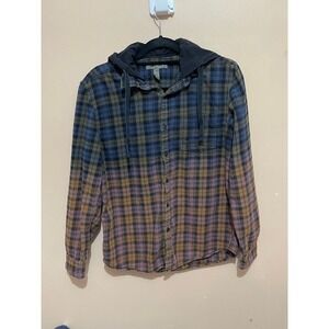 Decree Plaid Flannel‎ Hooded Button Down Shirt Grunge Thrashed Fall Winter M